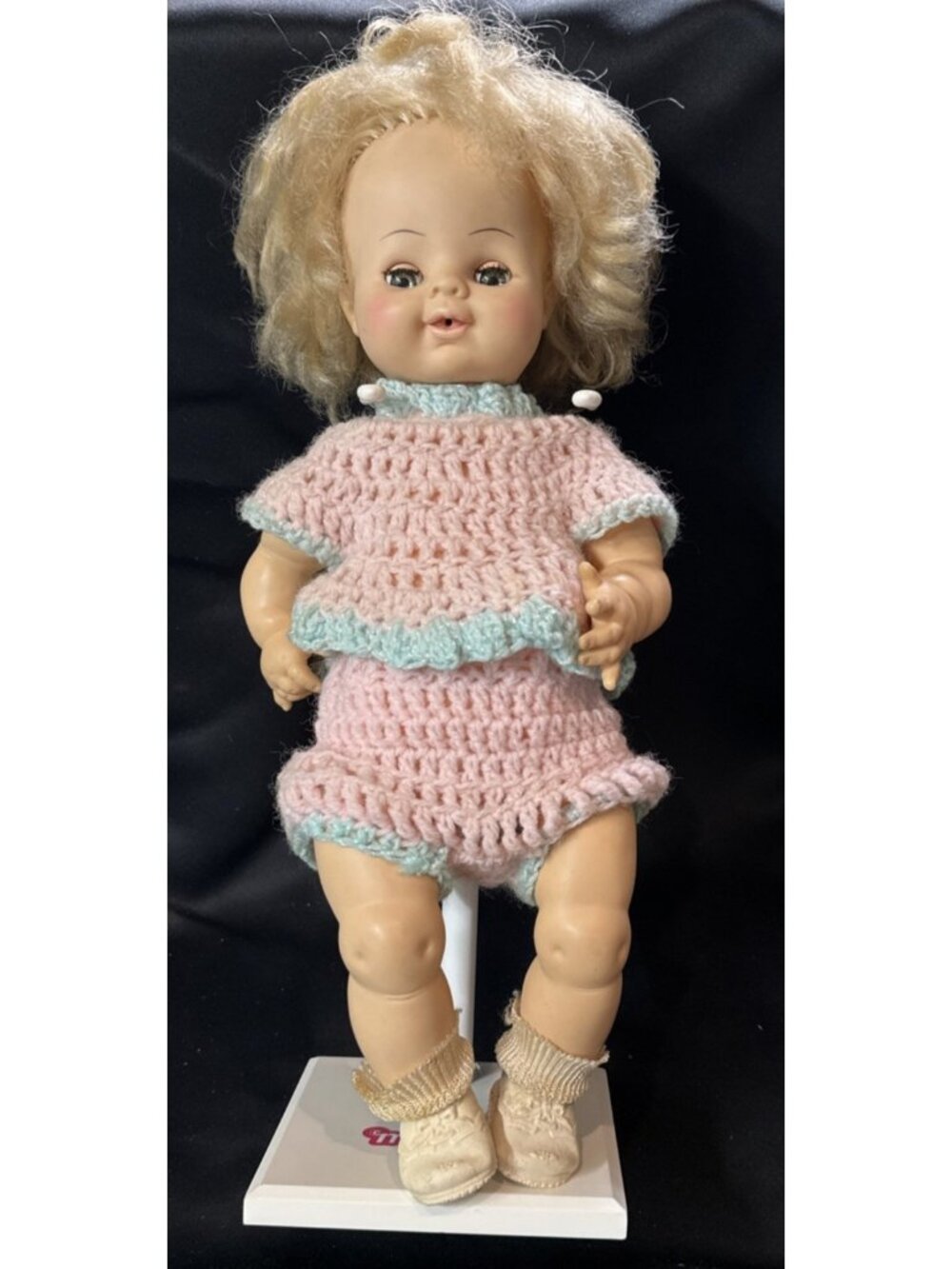 Horsman Vintage Drink and Wet Baby Doll-1960s Sleepy Eyes  Handmade Crocket